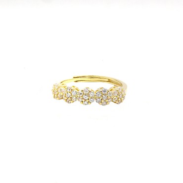 Anello regolabile con 5 fiori tondi zirconati bianchi placcato oro giallo in argento 925