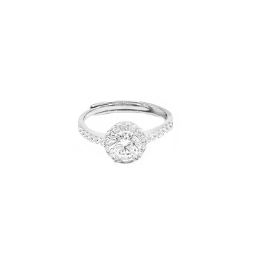 Anello regolabile zircone tondo bianco in cornice di zirconi bianchi placcato oro bianco argento 925