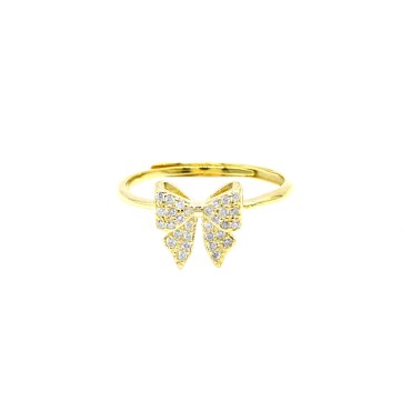Anello regolabile con fiocco zirconato bianco placcato oro giallo in argento 925
