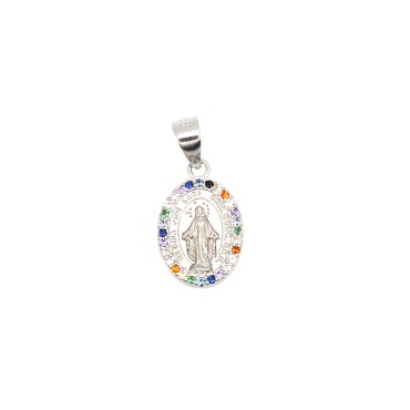 Ciondolo medaglia miracolosa con madonna in cornice di zirconi multicolor placcato oro bianco  in argento 925