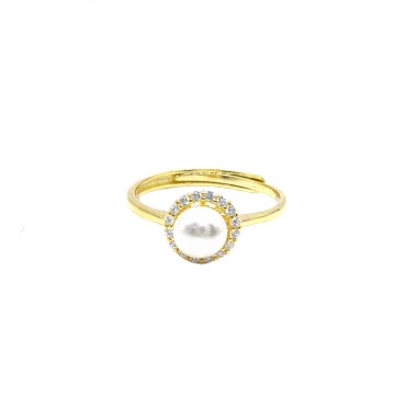 Anello regolabile con perla in cornice di zirconi bianchi placcato in oro giallo in argento 925