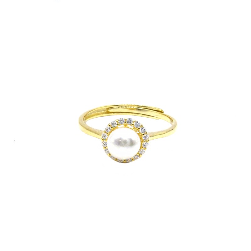 Anello regolabile con perla in cornice di zirconi bianchi placcato in oro giallo in argento 925