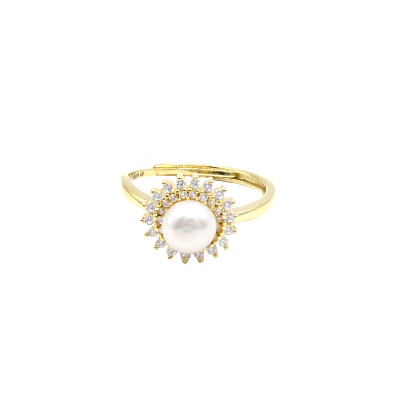 Anello regolabile margherita con perla in cornice di zirconi bianchi placcato in oro giallo in argento 925