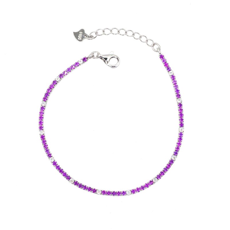 Bracciale tennis con 5 zirconi lilla e 1 bianco da 1,5 mm placcato oro bianco in argento 925