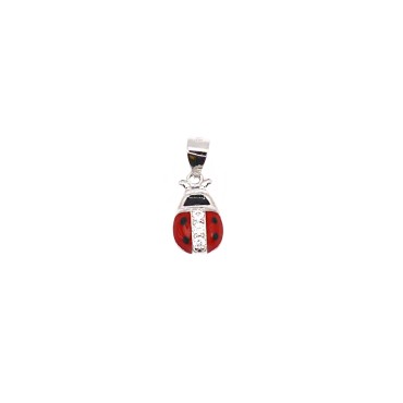 Ciondolo coccinella bombata e smaltata con dettaglio zirconato bianco placcato oro bianco in argento 925