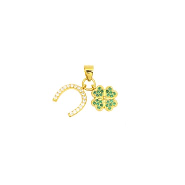 Ciondolo con soggetti ferro di cavallo zirconato bianco e quadrifoglio zirconato verde placcato oro giallo in argento 9