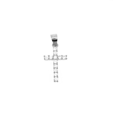Cross pendant with black zircons with 4 claws white gold plated in 925 silver
