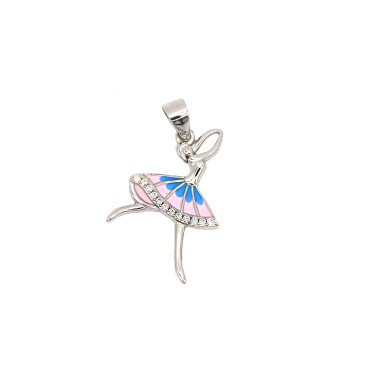 Ciondolo ballerina smaltato rosa e azzurro ,semizirconato bianco placcato oro bianco in argento 925