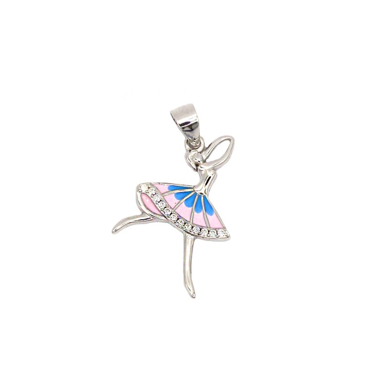 Ciondolo ballerina smaltato rosa e azzurro ,semizirconato bianco placcato oro bianco in argento 925