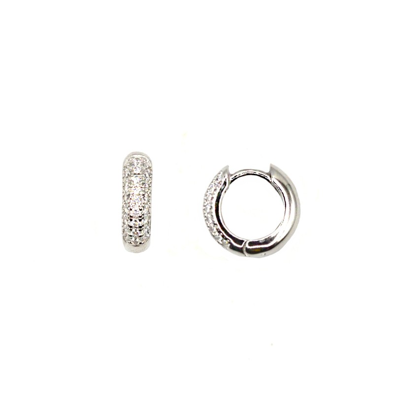 Orecchini a cerchio tubolare semi zirconato bianco con chiusura a scattino placcato oro bianco in argento 925