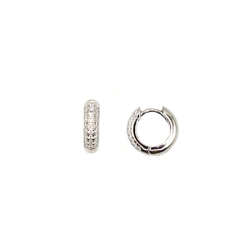 Orecchini a cerchio tubolare semi zirconato bianco con chiusura a scattino placcato oro bianco in argento 925