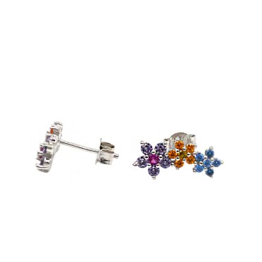 Orecchini a lobo con attacco a pressione 3 fiori zirconati multicolr a gradazione placcati oro bianco in argento925