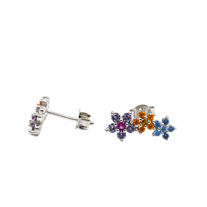 Orecchini a lobo con attacco a pressione 3 fiori zirconati multicolr a gradazione placcati oro bianco in argento925