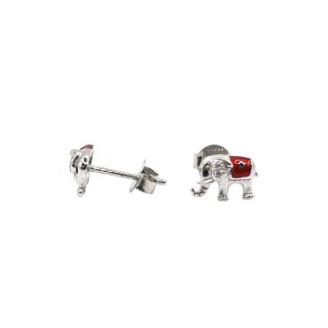 Orecchini a lobo elefantino semizirconato bianco e smaltato rosso e occhio nero placcati oro bianco in argento 925