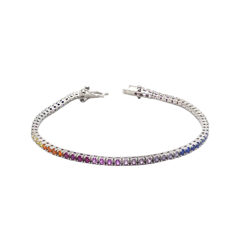 Tennis bracelet with 2mm multicolor zircons white gold plated in 925 silver