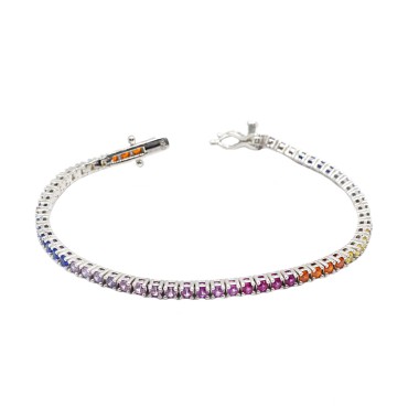 Bracciale tennis con zirconi multicolor 2mm placcato oro bianco in argento 925 (16 CM)