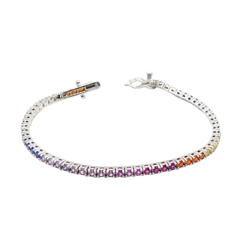 Bracciale tennis con zirconi multicolor 2mm placcato oro bianco in argento 925 (16 CM)