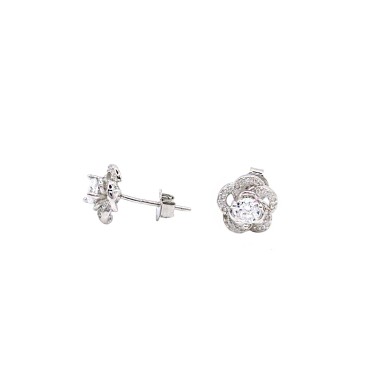 Orecchino a lobo camelia zirconata bianca con punto luce centrale placcato oro bianco in argento 925