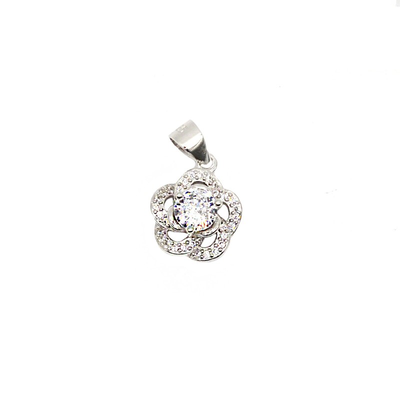 Ciondolo camelia zirconata bianca con punto luce centrale placcato oro bianco in argento 925