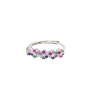 Anello regolabile con 5 fiori tondi zirconati multicolor placcato oro bianco in argento 925