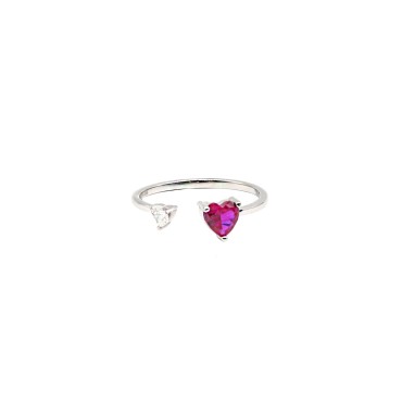 Anello regolabile con due cuori contrariè con zircone bianco e rosso placcato oro bianco in argento 925
