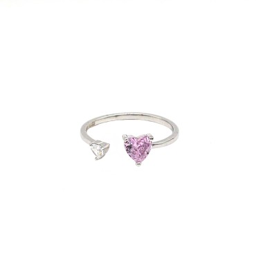 Anello regolabile con due cuori contrariè con zircone bianco e rosa placcato oro bianco in argento 925
