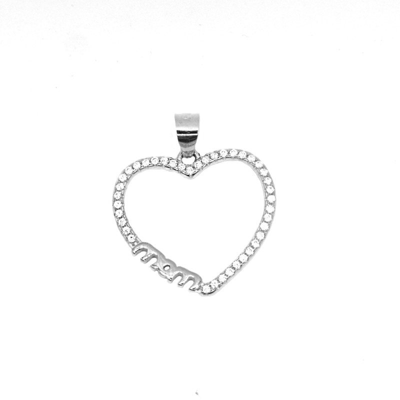 Ciondolo sagoma cuore zirconato bianco con scritta mom placcato oro bianco in argento 925