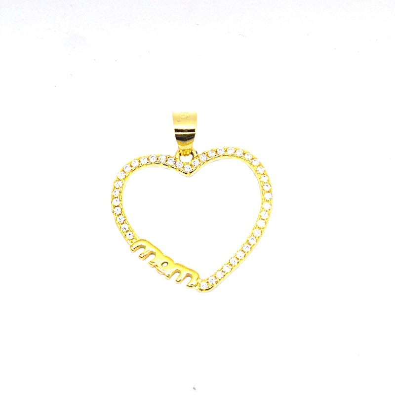 Ciondolo sagoma cuore zirconato bianco con scritta mom placcato oro giallo in argento 925