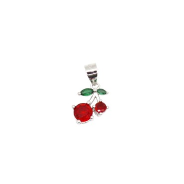 Ciondolo ciliegie zirconate rosse con foglie zirconate verdi placcato oro bianco in argento 925