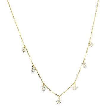 Collana maglia forzatina con 7 fiori tondi zirconati bianchi placcato oro giallo in argento 925