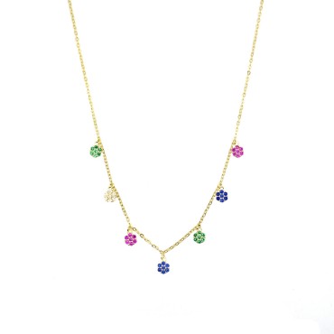 Collana maglia forzatina con 7 fiori tondi zirconati multicolor placcato oro giallo in argento 925