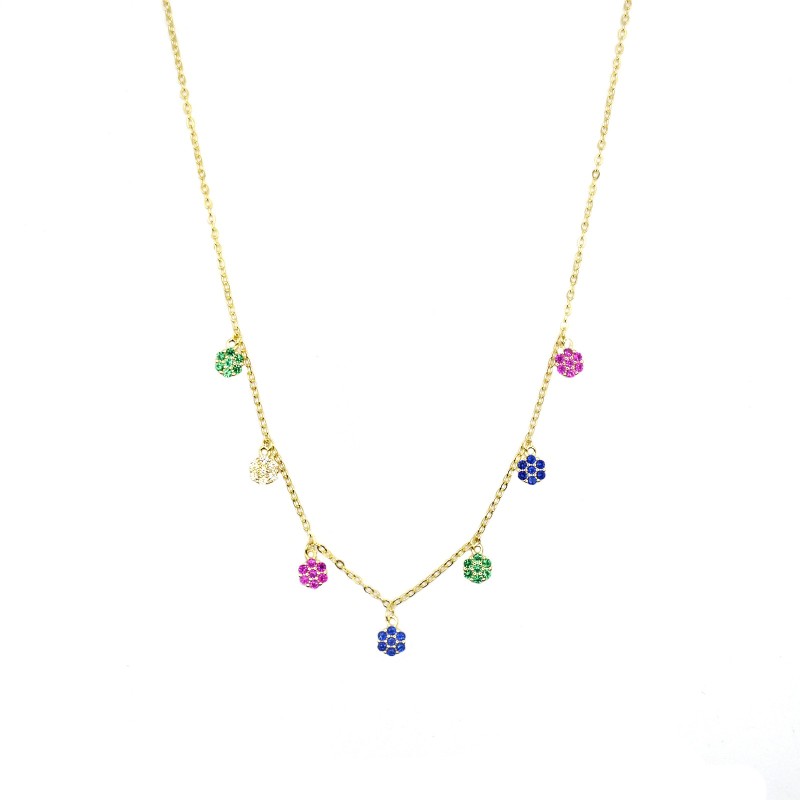 Collana maglia forzatina con 7 fiori tondi zirconati multicolor placcato oro giallo in argento 925