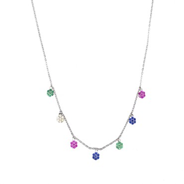 Collana maglia forzatina con 7 fiori tondi zirconati multicolor placcato oro bianco in argento 925