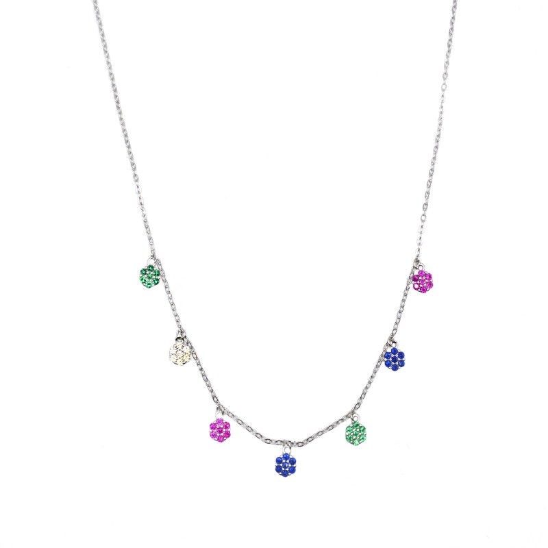 Collana maglia forzatina con 7 fiori tondi zirconati multicolor placcato oro bianco in argento 925