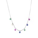 Collana maglia forzatina con 7 fiori tondi zirconati multicolor placcato oro bianco in argento 925