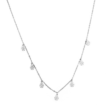 Collana maglia forzatina con 7 fiori tondi zirconati bianchi placcato oro bianco in argento 925