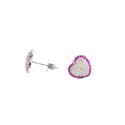 Orecchini a lobo cuore bombato pavé di zirconi bianchi con cornice rossa placcato oro bianco in argento 925