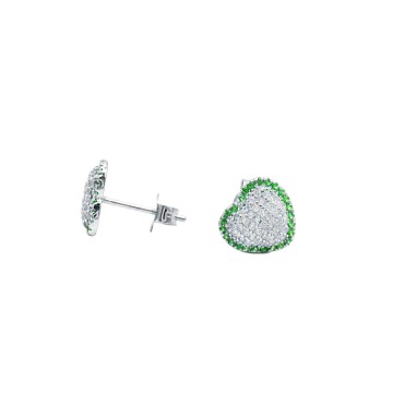 Orecchini a lobo cuore bombato pavé di zirconi bianchi con cornice verde placcato oro bianco in argento 925