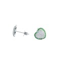 Orecchini a lobo cuore bombato pavé di zirconi bianchi con cornice verde placcato oro bianco in argento 925