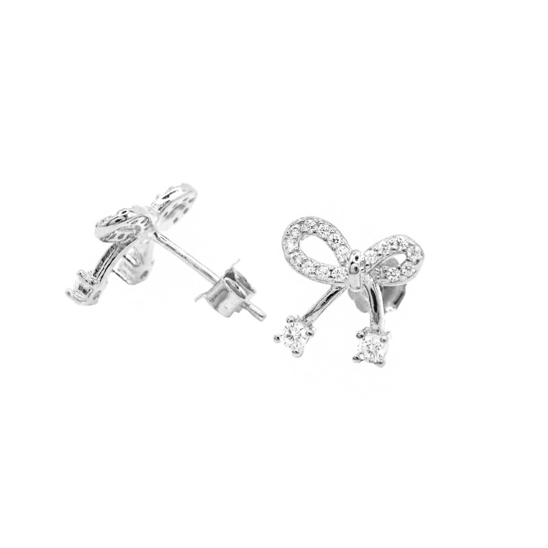 Orecchini a lobo fiocco zirconato con punti luce bianchi placcato oro bianco in argento 925