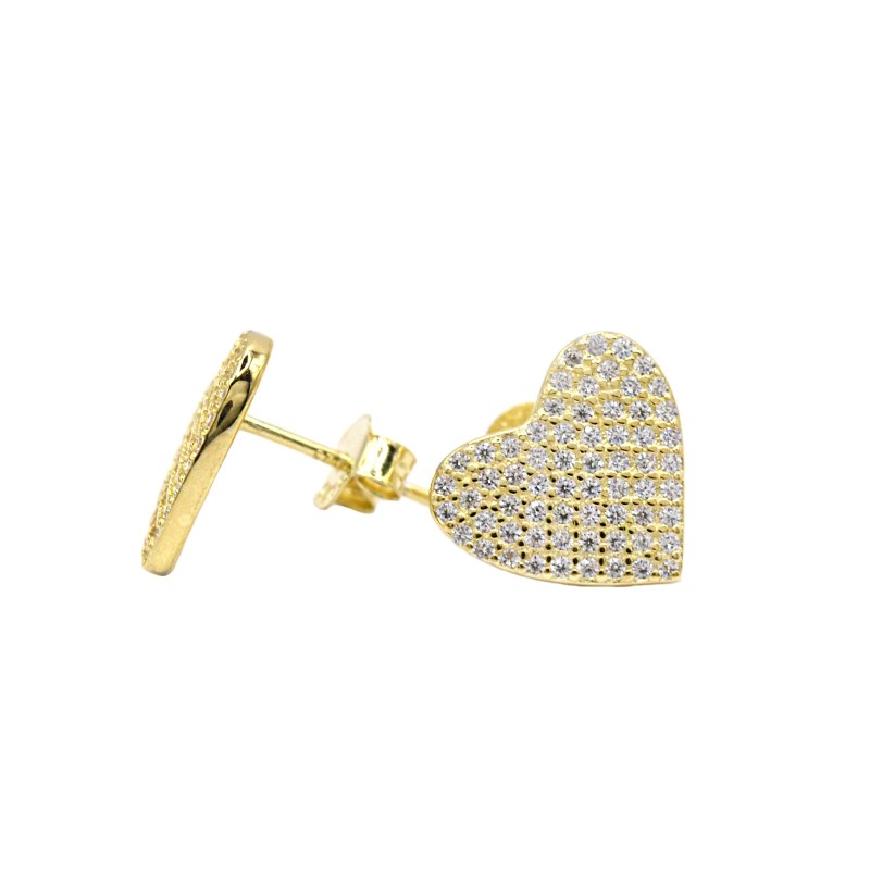 Orecchini al lobo cuore a pavè di zirconi bianchi placcati oro giallo in argento 925