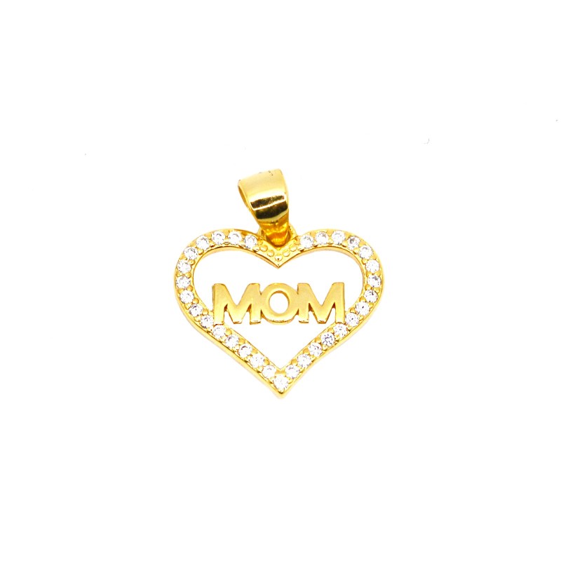 Ciondolo sagoma cuore zirconato bianco con scritta mom liscia placcato oro giallo in argento 925
