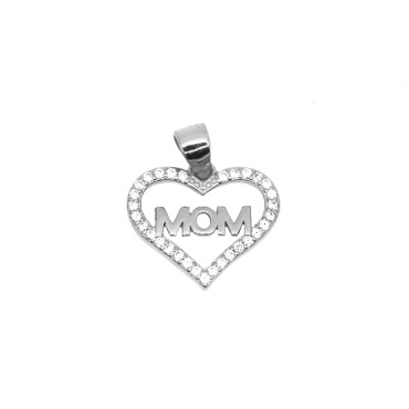 Ciondolo sagoma cuore zirconato bianco con scritta mom liscia placcato oro bianco in argento 925
