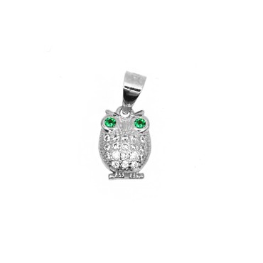 Ciondolo gufo zirconato bianco con occhi verdi placcato oro bianco in argento 925