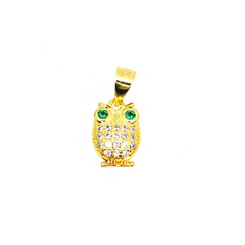 Ciondolo gufo zirconato bianco con occhi verdi placcato oro giallo in argento 925