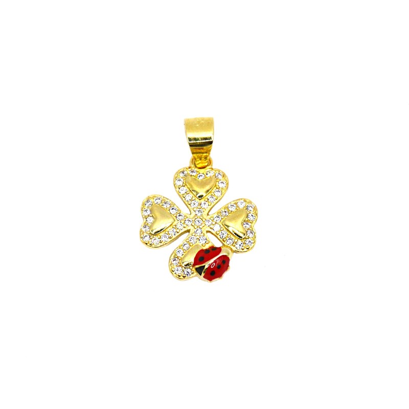 Ciondolo quadrifoglio semi zirconato bianco con coccinella smaltata rossa e nera placcato oro giallo in argento 925