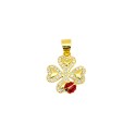 Ciondolo quadrifoglio semi zirconato bianco con coccinella smaltata rossa e nera placcato oro giallo in argento 925