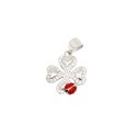 Ciondolo quadrifoglio semi zirconato bianco con coccinella smaltata rossa e nera placcato oro bianco  in argento 925