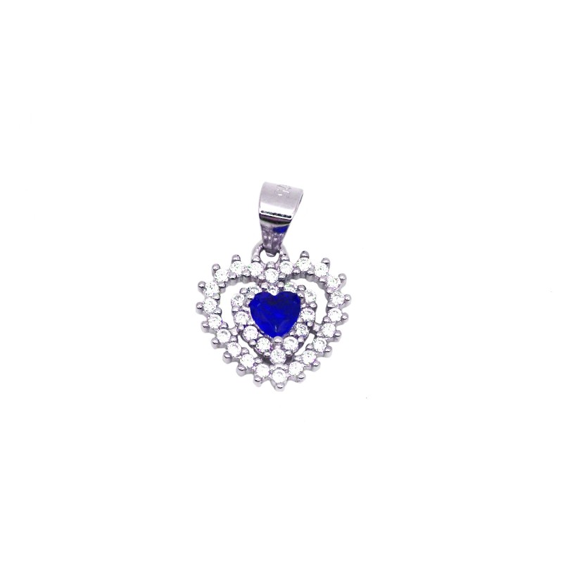 Ciondolo con zircone a cuore blu in doppia cornice di zirconi bianchi placcato oro bianco in argento925