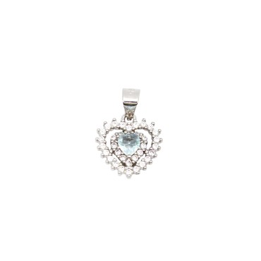 Ciondolo con zircone a cuore acqua marina in doppia cornice di zirconi bianchi placcato oro bianco in argento925